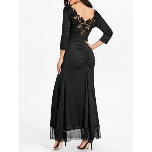 Backless Back Ruched Lace Dress - Black